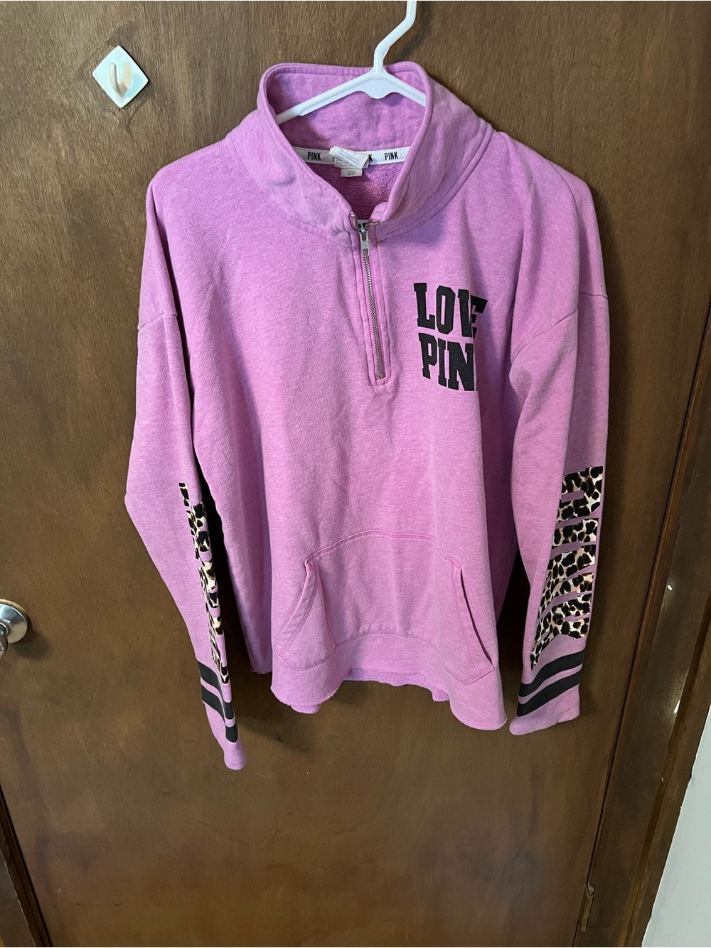PINK Victoria's Secret Pink Quarter-Zip Pullover with Leopard Sleeve Accents